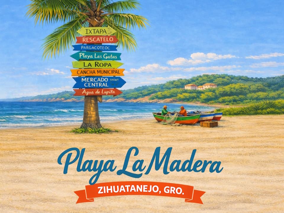 Ilustración de Playa La Madera, vista de playa palmera, pescadores y arena