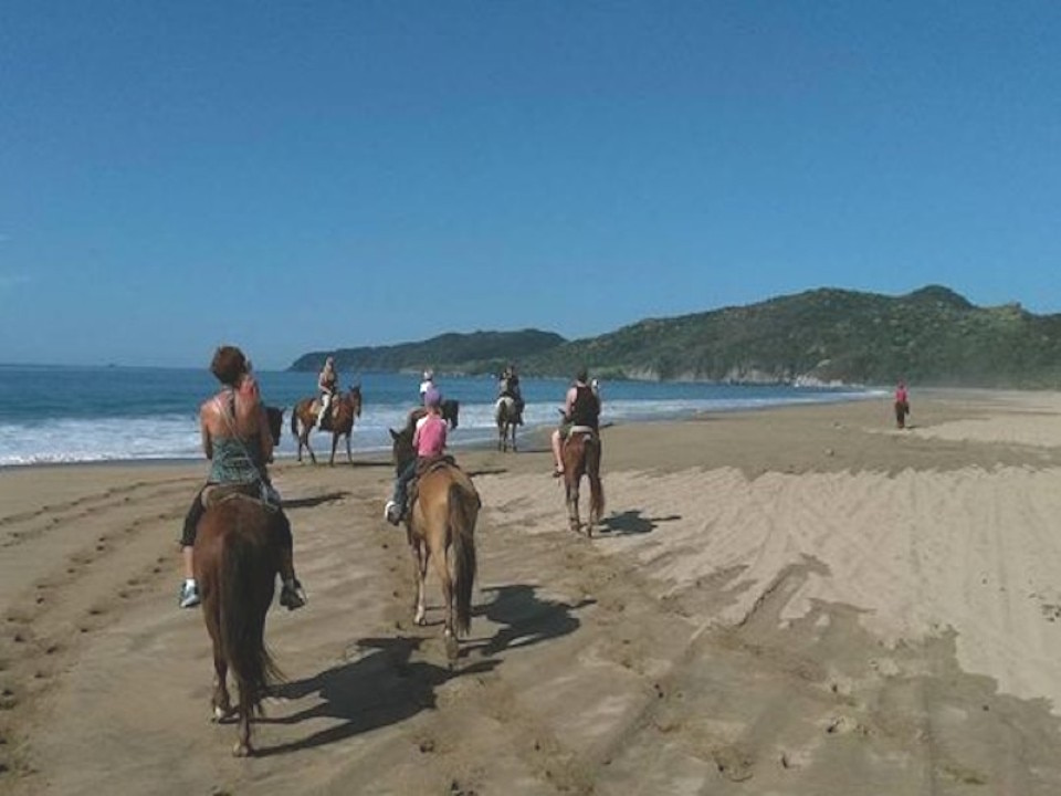 Vista de personas paseando a caballo a la orilla del mar en Playa Larga